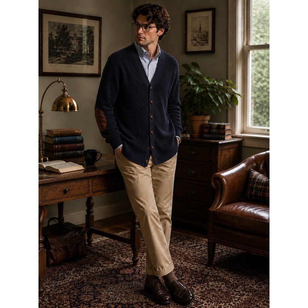 Vintage Chaps Navy Cotton Cardigan XL Elbow Patches Grandpa Dark Academia